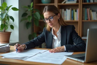 Femme consultant des documents de bail et un tableau de calcul de loyer sur ordinateur portable