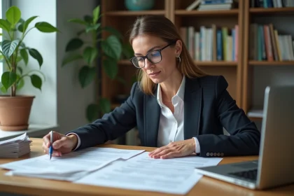 Femme consultant des documents de bail et un tableau de calcul de loyer sur ordinateur portable