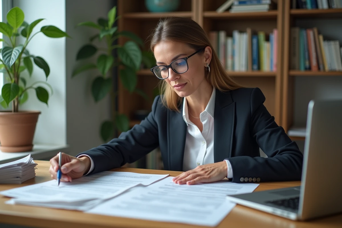 Femme consultant des documents de bail et un tableau de calcul de loyer sur ordinateur portable