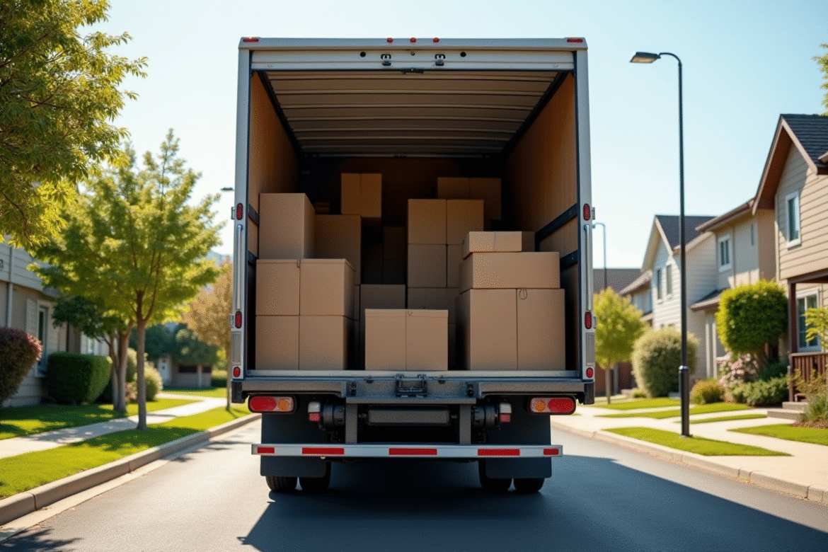 Camion de déménagement 20m3 chargé avec des cartons et meubles