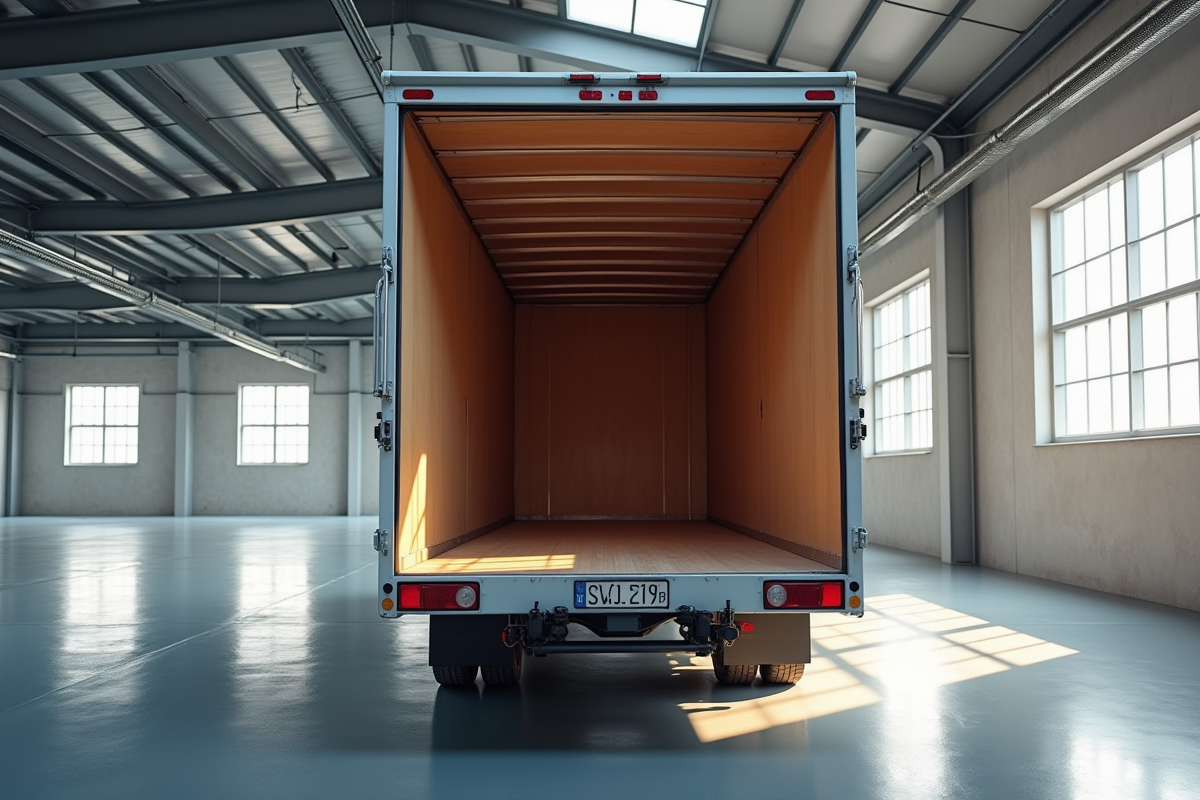 Camion vide 20m3 dans un entrepôt lumineux et spacieux