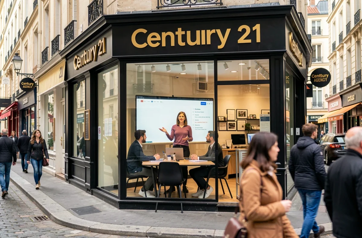 Devanture Century 21 reconnaissable sur une rue commerçante française avec une formation visible de gestionnaires immobiliers en agence