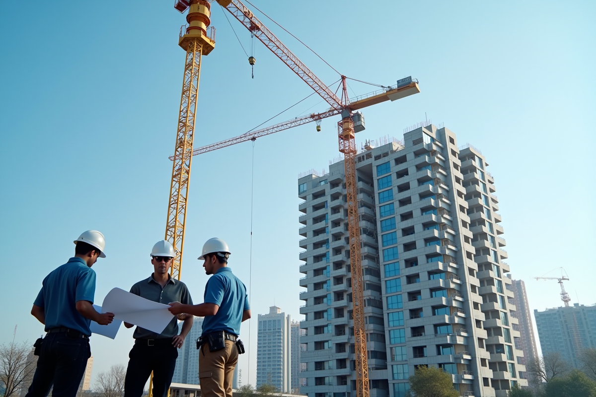 Chantier avec immeuble neuf et ouvriers discutant sur le site