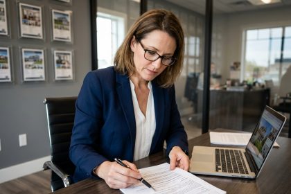Chasseuse immobilière professionnelle révisant un mandat de recherche immobilier à son bureau dans une agence moderne
