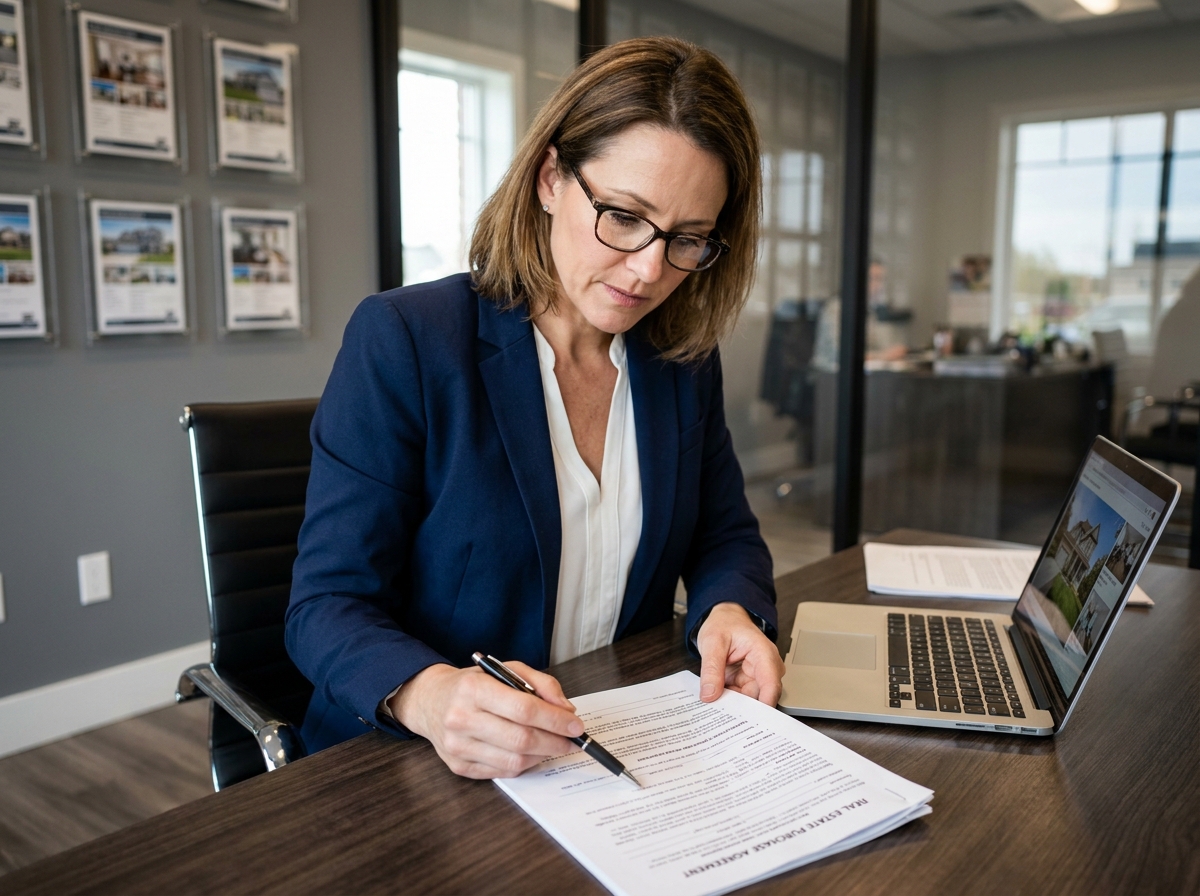 Chasseuse immobilière professionnelle révisant un mandat de recherche immobilier à son bureau dans une agence moderne