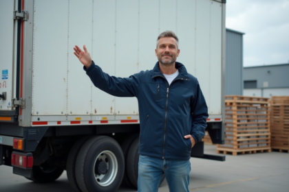 Conducteur de camion debout à côté d'un camion blanc