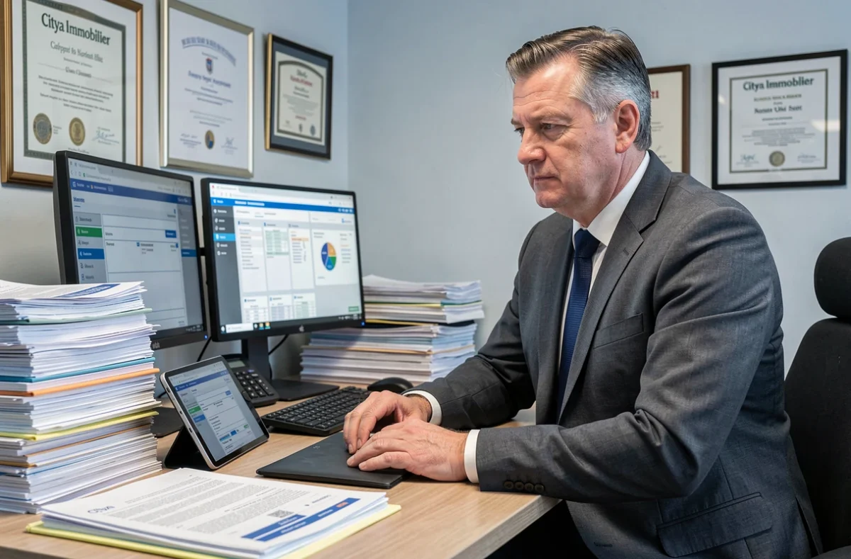 Administrateur de biens Citya Immobilier gérant des dossiers de copropriété et de gestion locative dans un bureau spécialisé