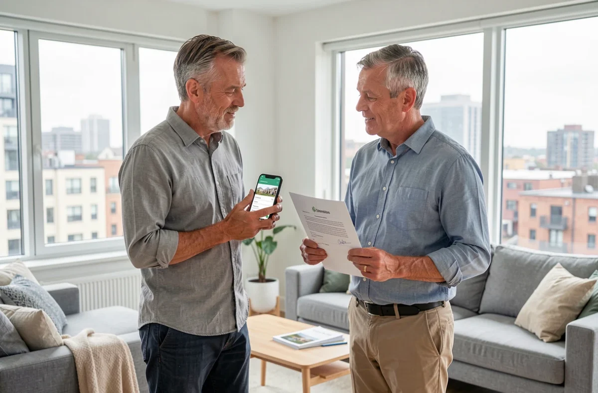 Deux coindivisaires consultant un accès partagé à un espace client immobilier sur smartphone