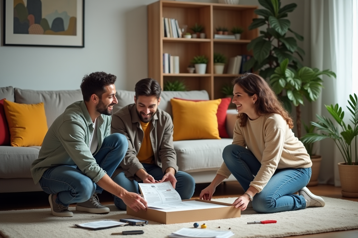 Trois colocataires assemblant une étagère dans un salon convivial