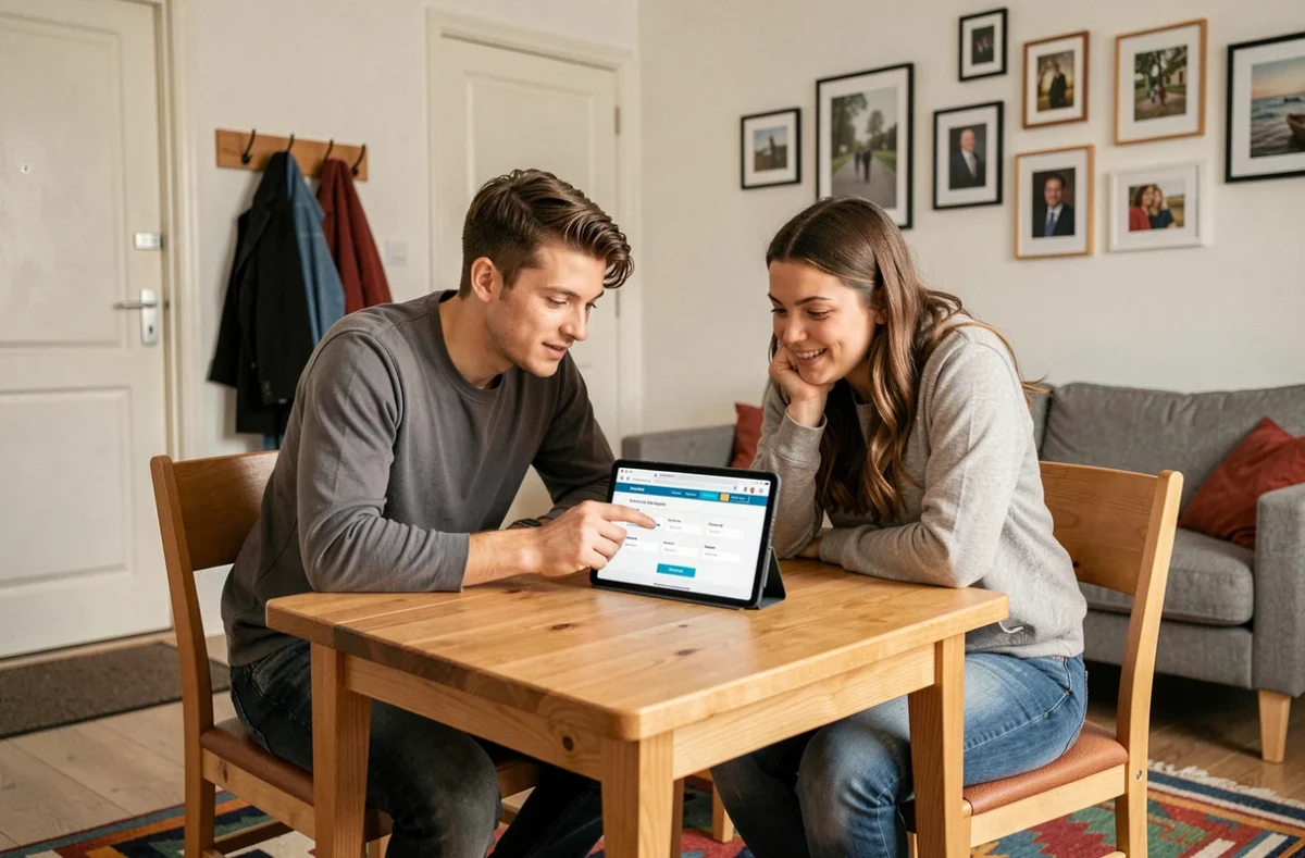Deux colocataires comparant des offres d'assurance habitation sur une tablette dans leur appartement partagé