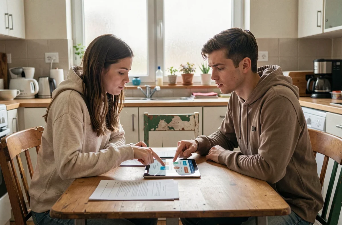 Deux colocataires étudiants comparant mutuelles et assurances habitation ensemble