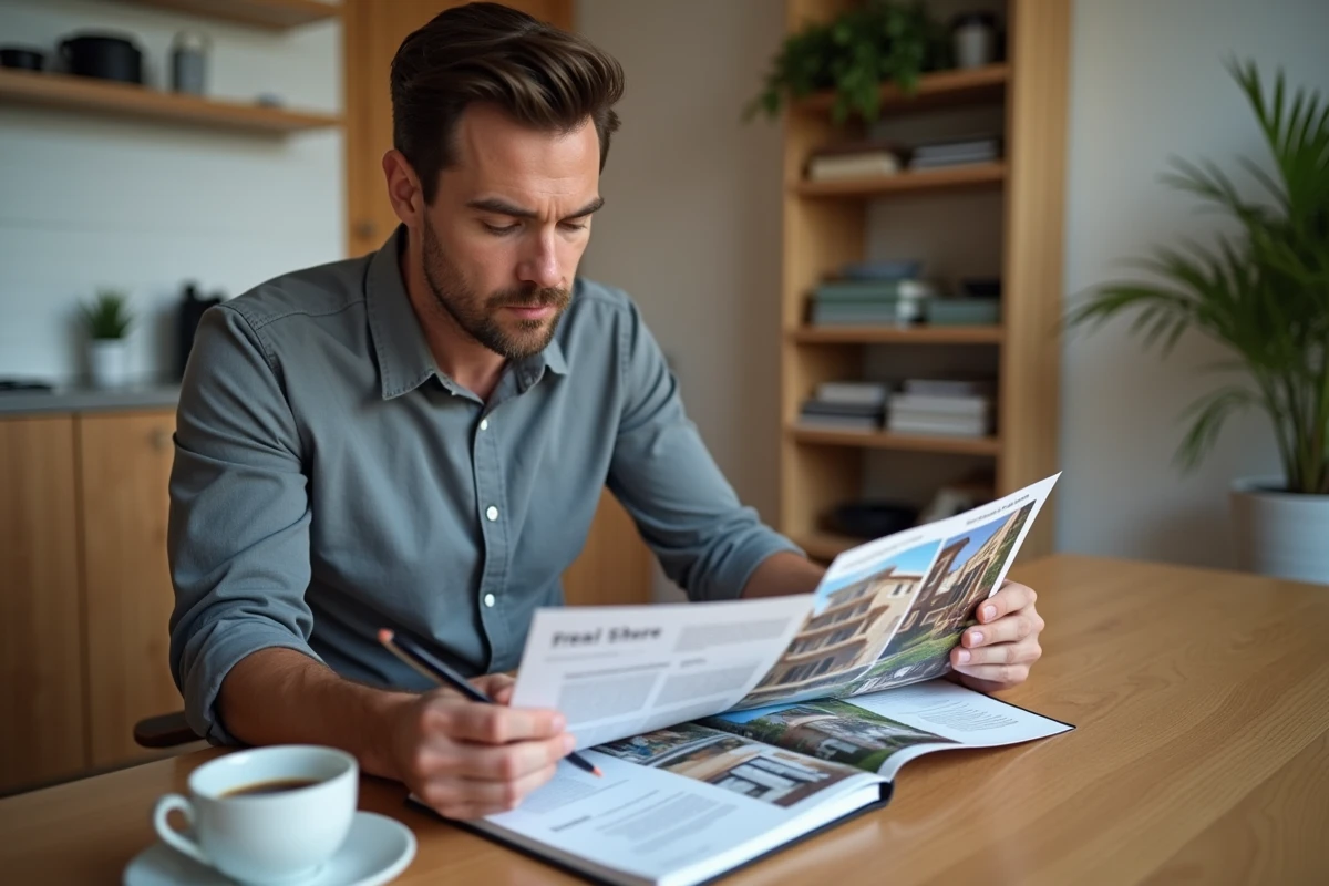 Vendeur comparant les brochures tarifaires de deux agences immobilières sur une table de cuisine
