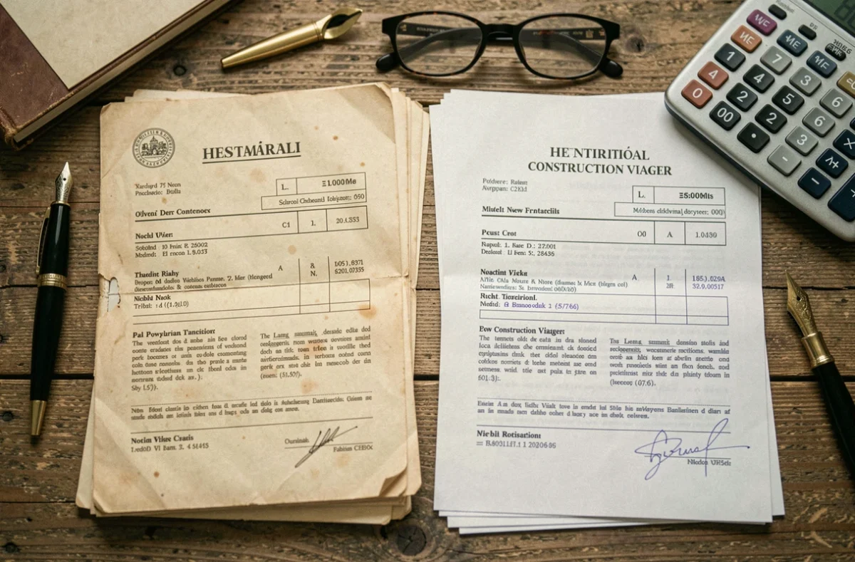 Comparaison de documents notariaux pour viager ancien et viager neuf posés sur une table en bois avec stylo et calculatrice