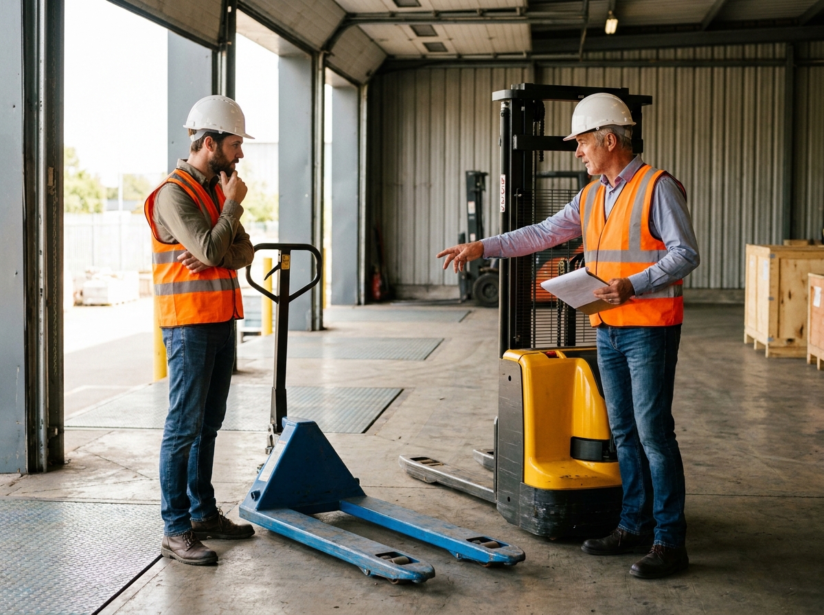 Deux responsables logistique comparant un gerbeur manuel et un gerbeur électrique sur un quai de chargement industriel