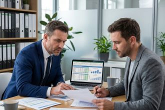 Comptable spécialisé LMNP conseillant un investisseur immobilier autour de documents fiscaux dans un bureau professionnel moderne