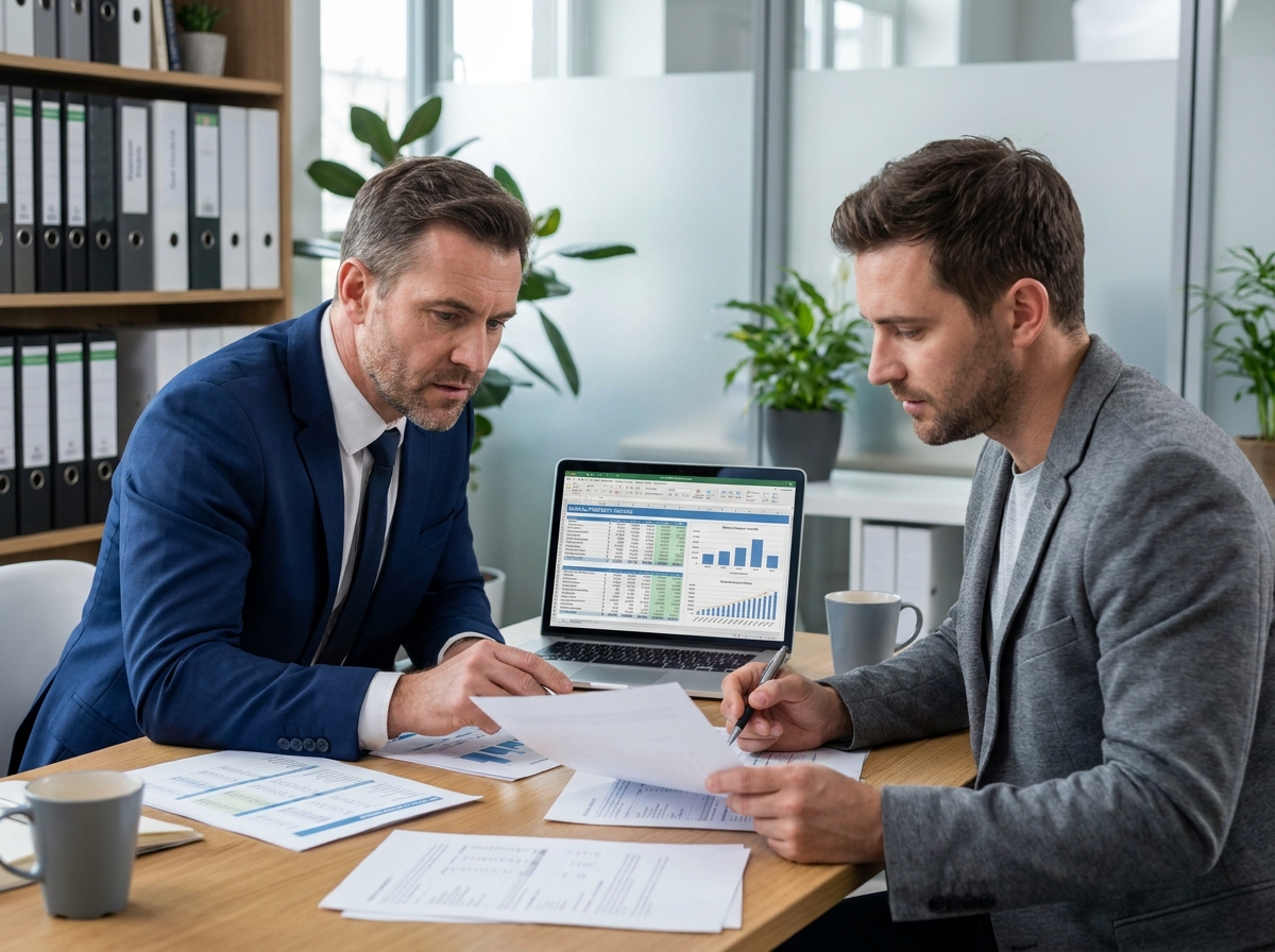 Comptable spécialisé LMNP conseillant un investisseur immobilier autour de documents fiscaux dans un bureau professionnel moderne