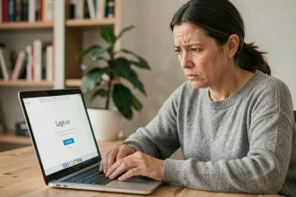 Femme frustrée devant un message d'erreur de connexion sur son ordinateur portable à la maison