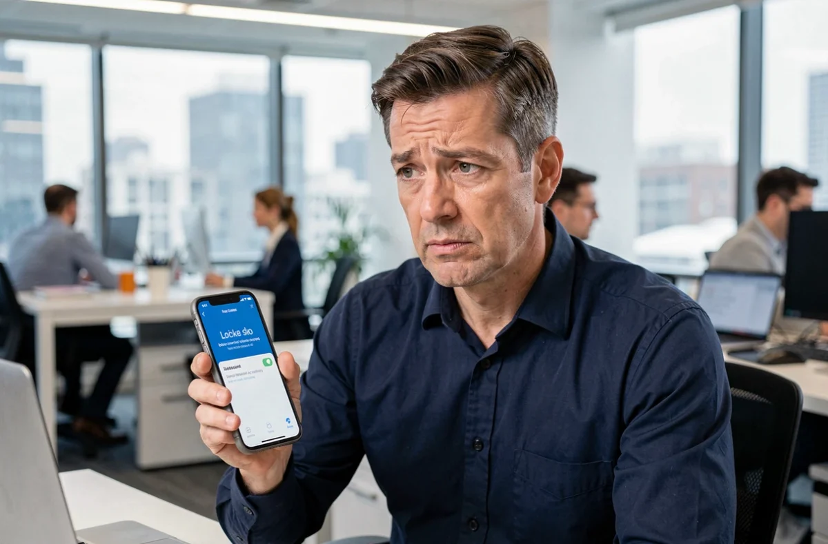 Homme d'affaires consulté une notification de compte refusé sur son smartphone au bureau