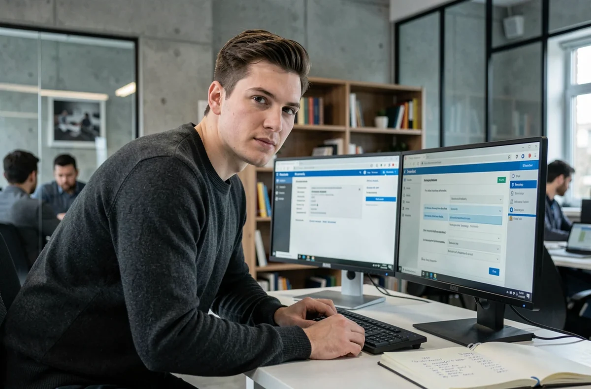 Jeune professionnel configurant un VPN pour accéder à l'intranet IAD depuis un espace de coworking à l'international