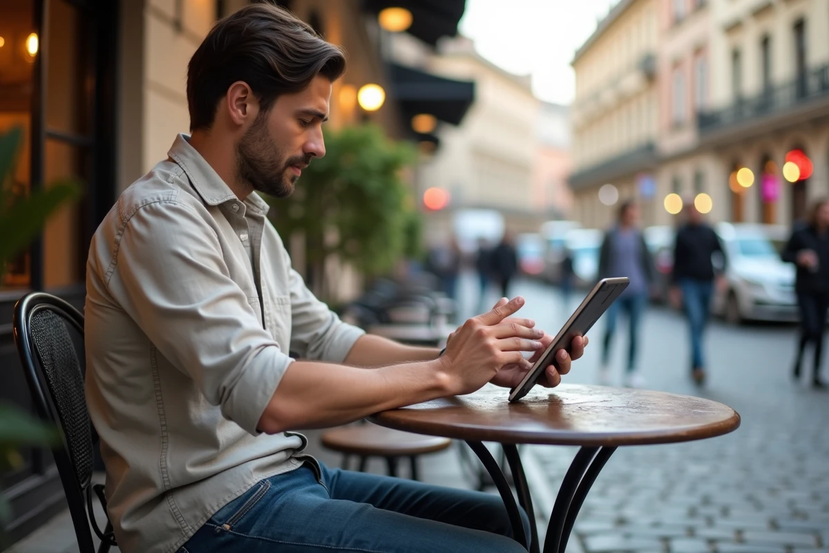 Homme accédant à son compte Foncia depuis l'étranger sur une tablette dans un café européen