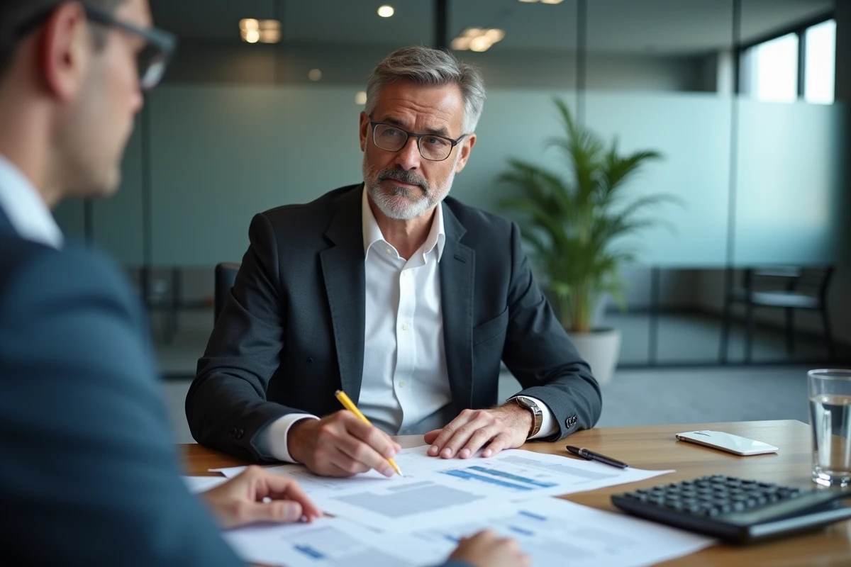 Conseiller bancaire présentant un tableau d'amortissement pour un prêt immobilier sur 25 ans dans un bureau professionnel