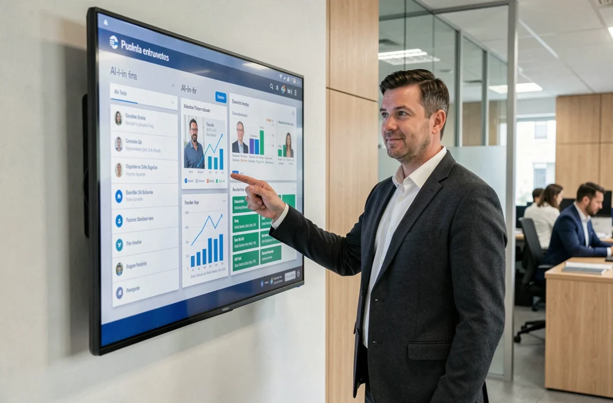Conseiller en logement présentant les nouveautés de la plateforme Al-in-fr sur un écran interactif