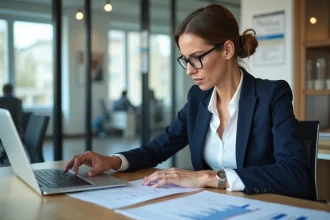 Conseillère immobilière Orpi examinant des avis clients et documents de transaction dans une agence parisienne moderne