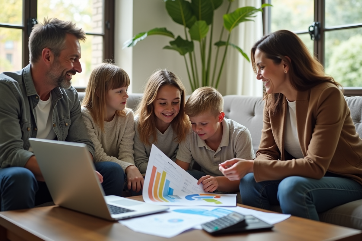 Conseiller financier avec famille dans un salon lumineux