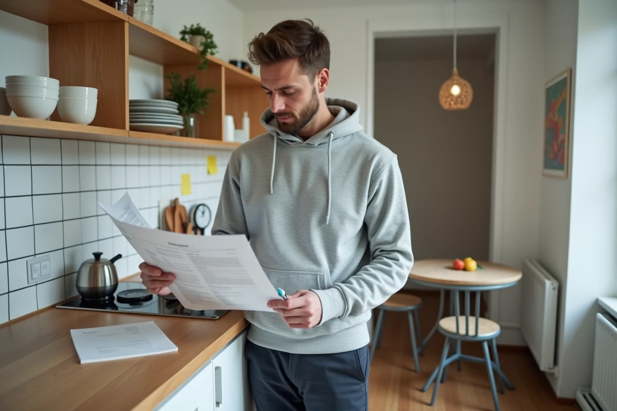 Homme lisant un contrat de location meublée longue durée dans un appartement Berlin