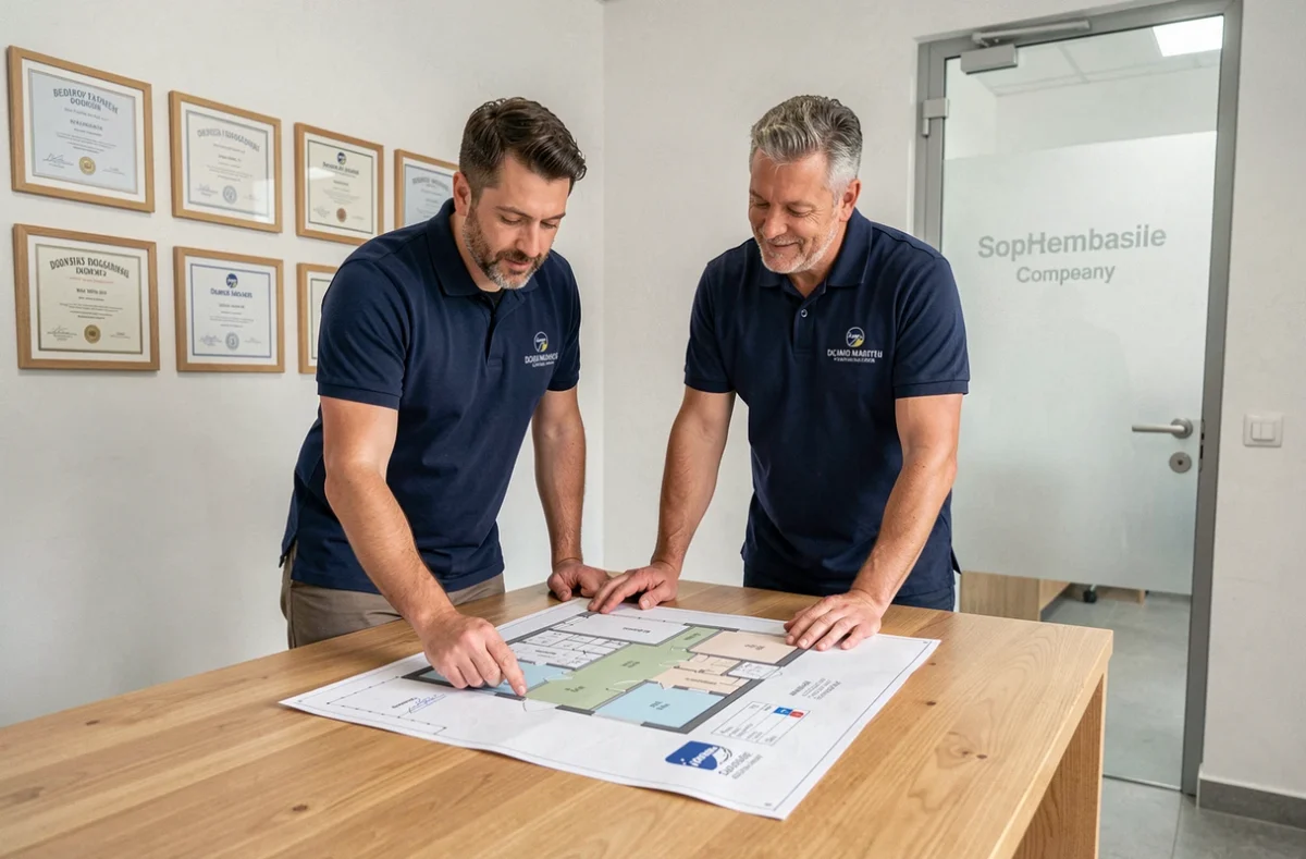 Équipe de Controle Plus, cabinet de diagnostic immobilier, consultant un plan de propriété dans leur bureau professionnel à Marseille