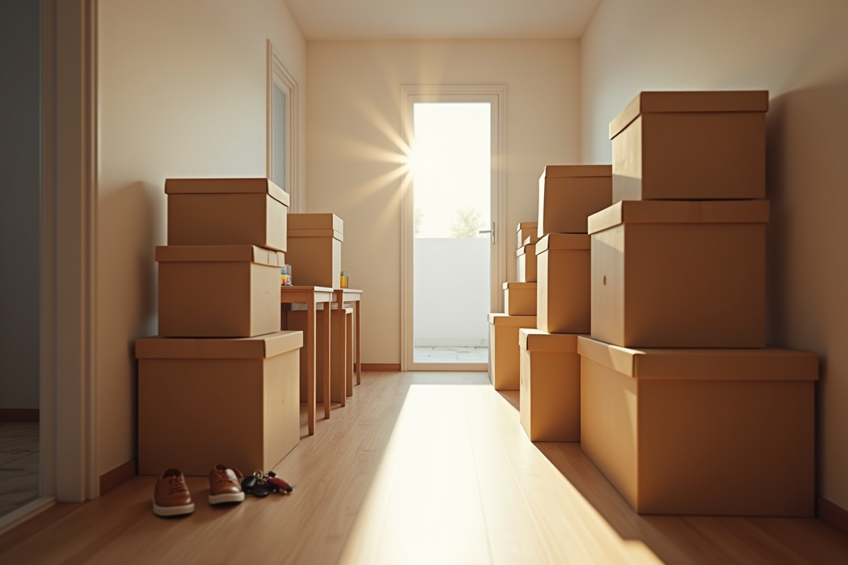 Couloir avec caisses et objets pour déménagement