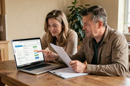 Couple consultant un espace client immobilier en ligne sur un ordinateur portable à la maison
