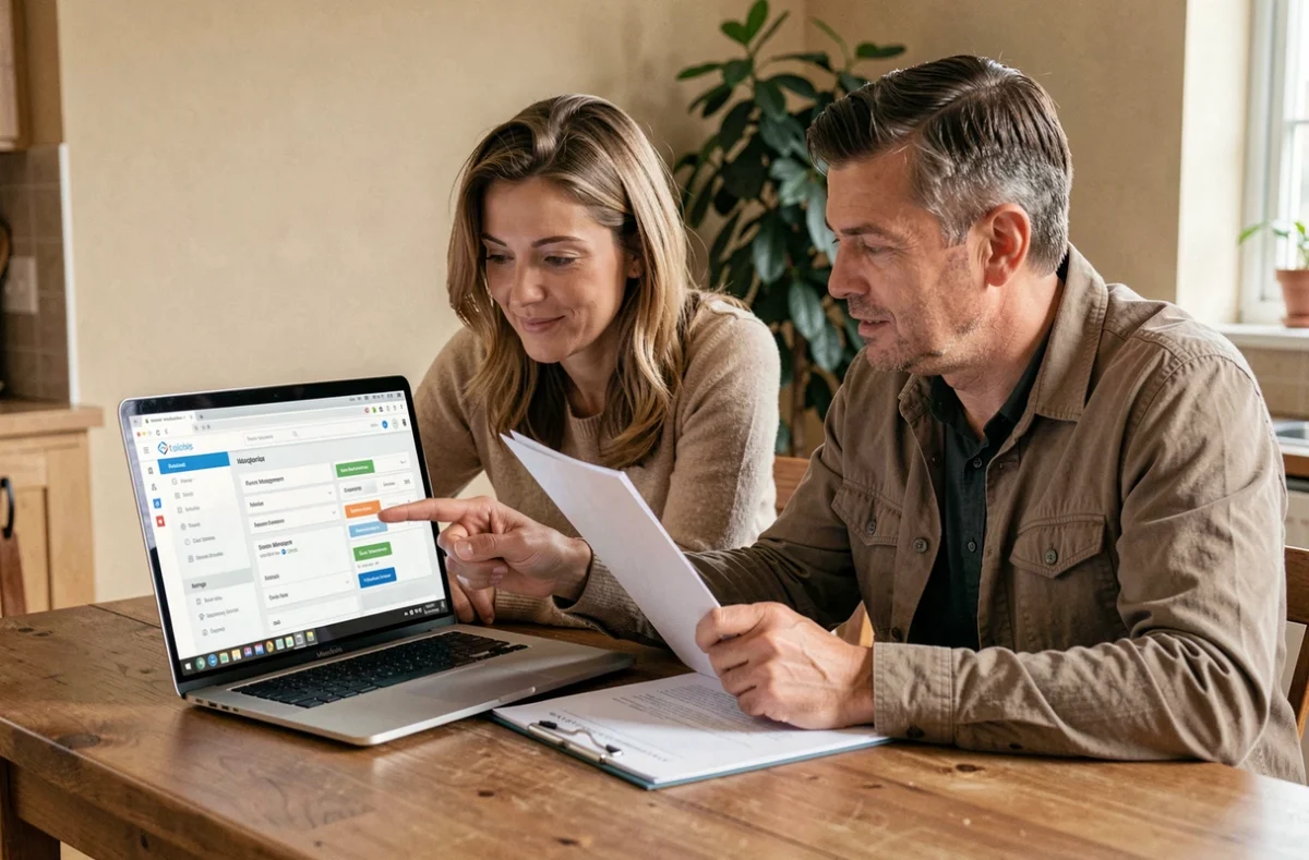 Couple consultant un espace client immobilier en ligne sur un ordinateur portable à la maison