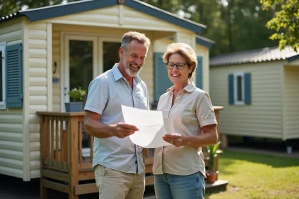 Couple visitant un mobil-home d'occasion à vendre dans un camping ouvert à l'année