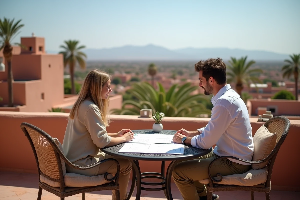 Couple européen consultant des documents immobiliers sur une terrasse avec vue panoramique sur les toits de Marrakech