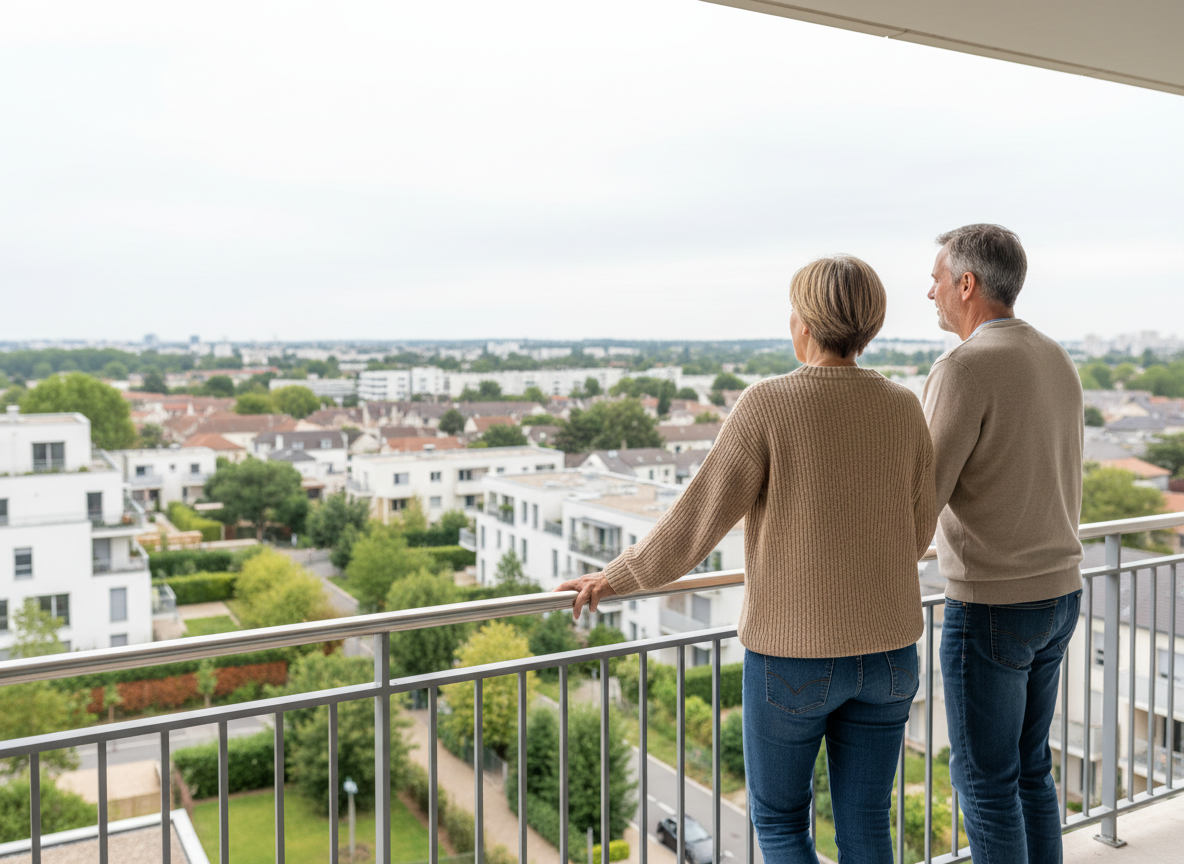 Couple regardant la ville depuis un balcon en banlieue parisienne