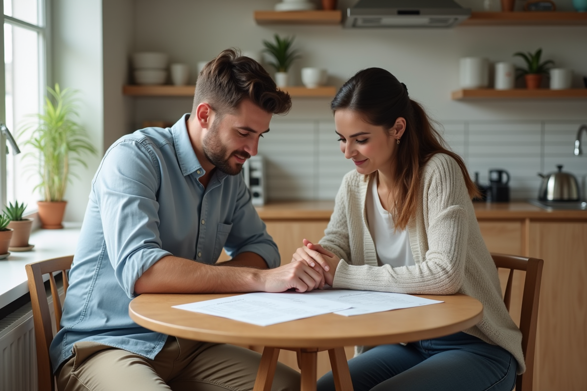 Jeune couple discute de leur budget dans la cuisine