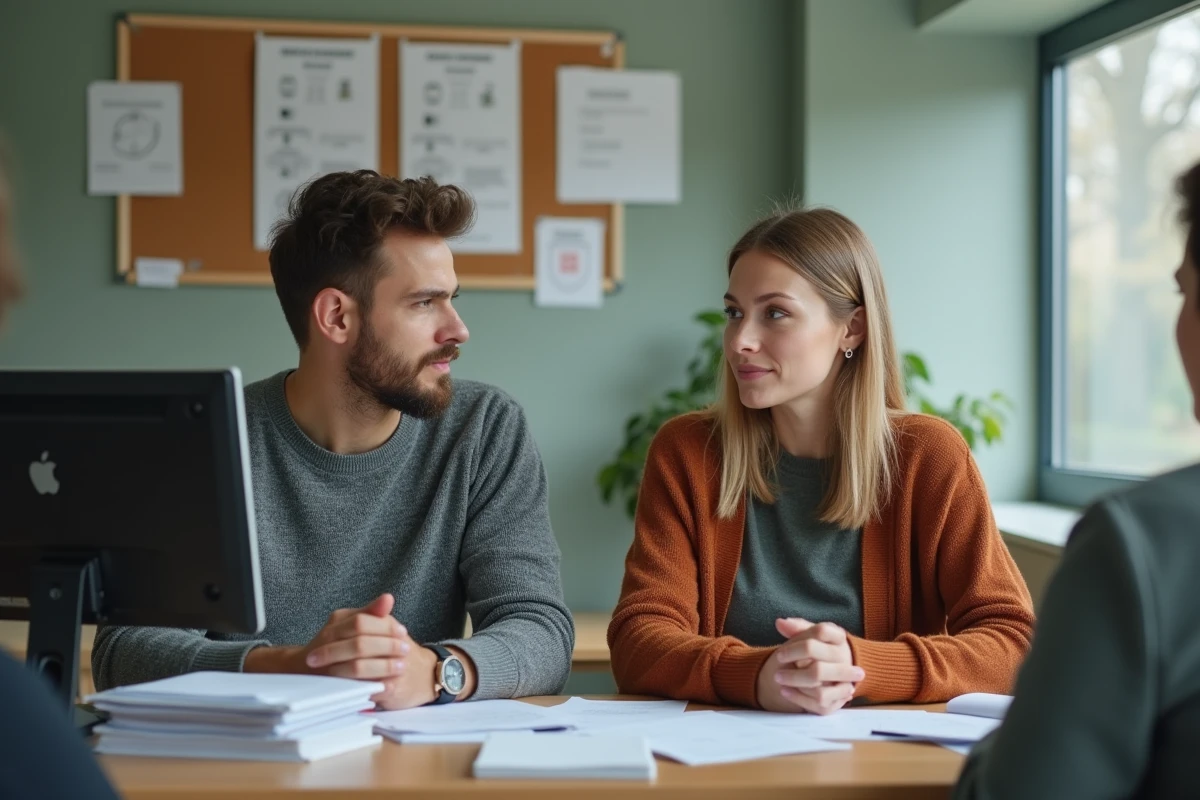 Couple en rendez-vous dans un bureau de logement social pour comprendre leurs droits SYPLO