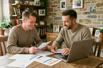 Couple comparant des offres d'assurance habitation sur un ordinateur portable dans un appartement à Brest