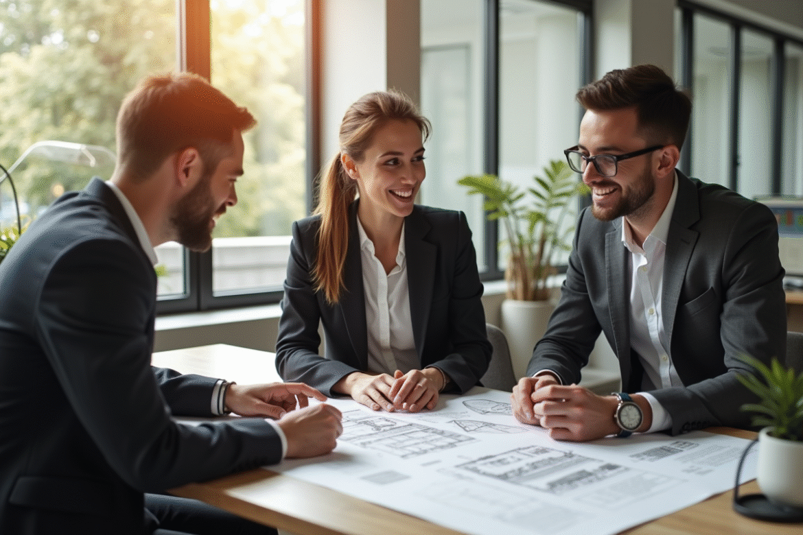 Jeune couple confiant rencontrant leur conseiller financier dans un bureau lumineux