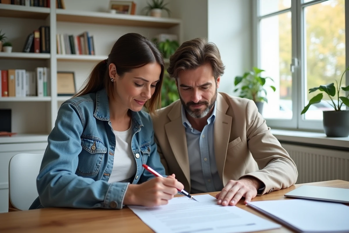 Couple examinant un contrat de location dans un bureau immobilier, illustrant les démarches en zone tendue versus zone détendue