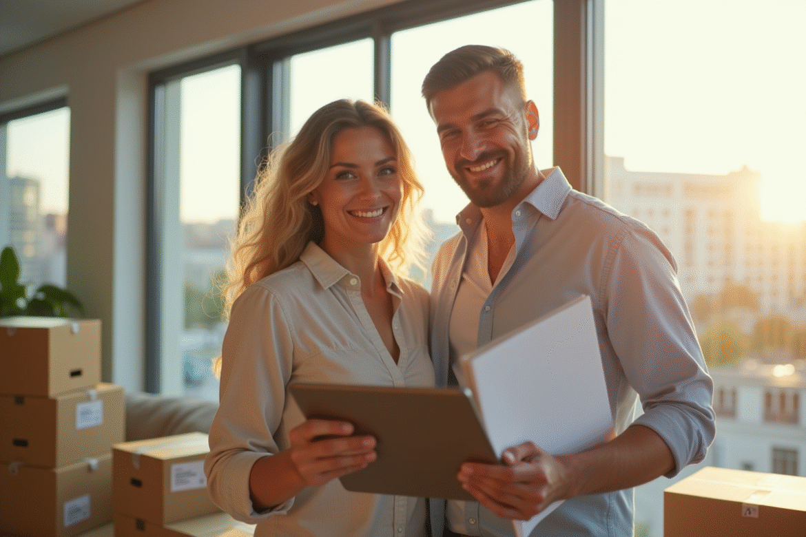 Couple souriant avec documents et tablette dans un appartement lumineux