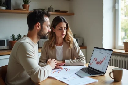 Couple examinant un dossier de crédit immobilier sur 25 ans à la table de cuisine avec documents et ordinateur portable