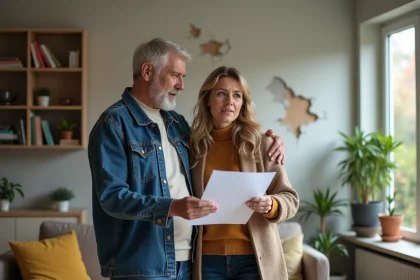 Couple d'adultes devant une maison endommagee