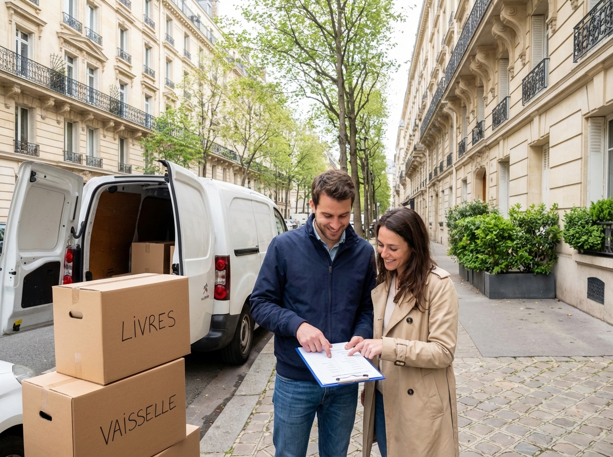 Jeune couple vérifiant une liste devant un camion de déménagement