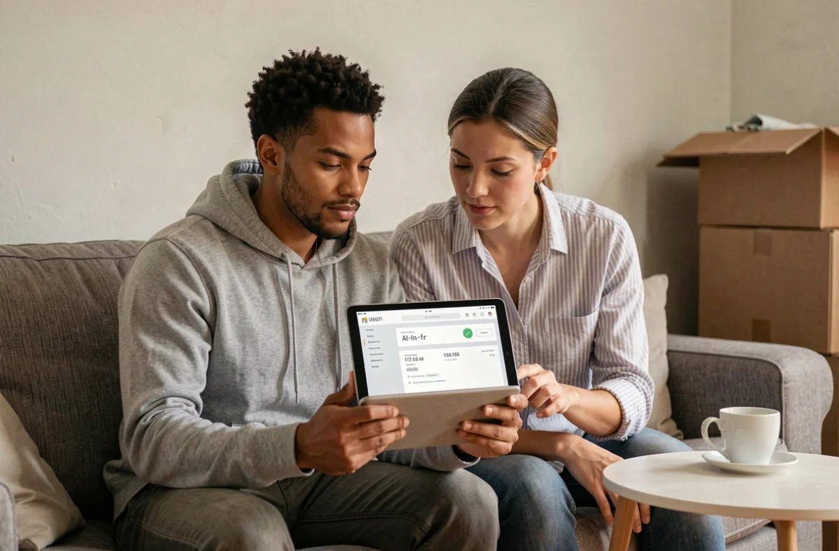 Couple consultant leur dossier de demande de logement social sur la plateforme Al-in-fr depuis leur appartement