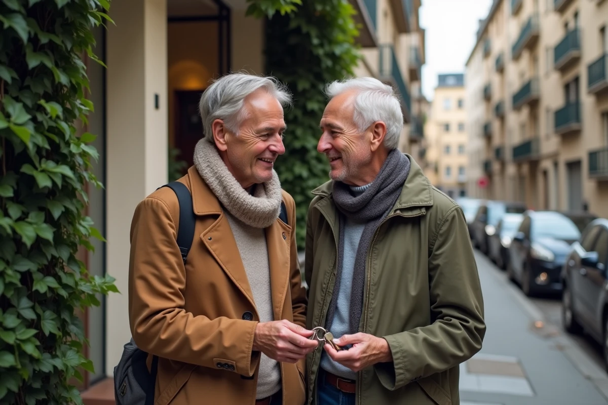Couple français examine des clés devant un immeuble rénové
