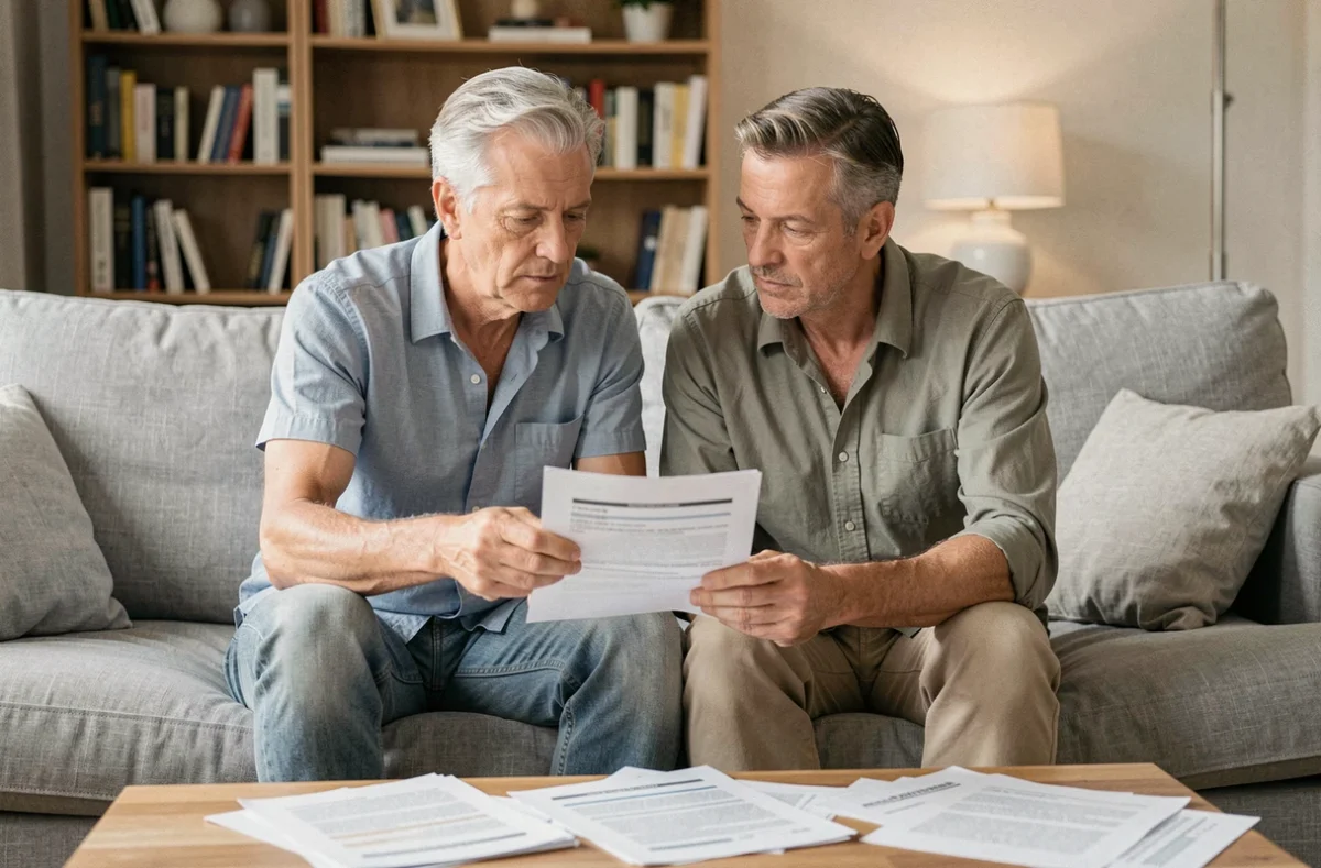 Couple examinant ensemble des documents d'assurance habitation dans leur salon