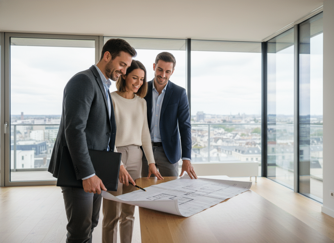 Jeune couple souriant dans un appartement moderne à Metz