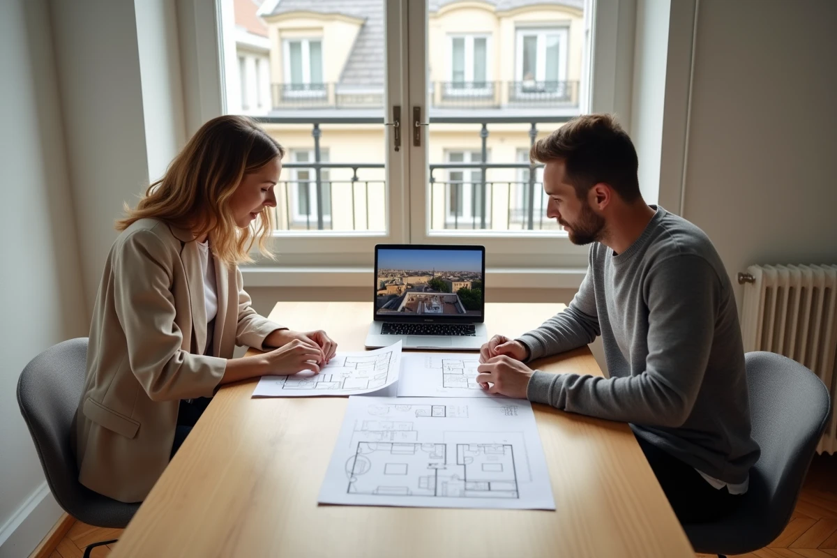 Couple étudiant des documents d'investissement immobilier neuf et des plans de logement en VEFA